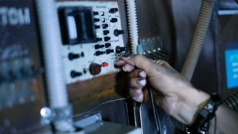 Hand woman closeup switch cable jack on radio to communicate with outside world Stock Footage 102850257