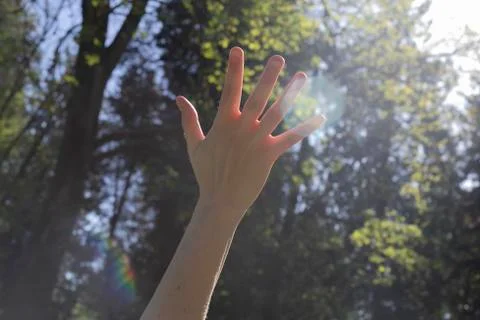Hand of a woman reaching to towards sky on the natural background.  Christian Stock Photos