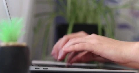 Hand of woman using laptop computer to work, typing at home and scrolling, wh Stock-Footage 300364133