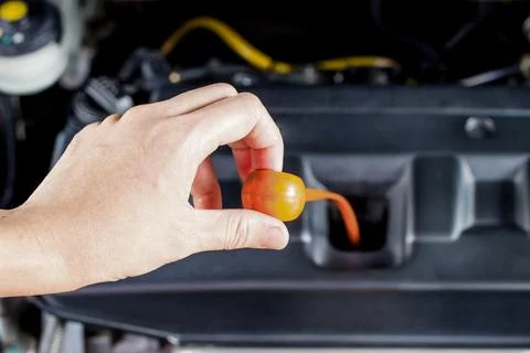 Hand a women check level of engine oil in the engine room basic service of .. Foto stock
