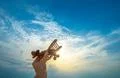 The hand with a wooden airplane on the blue sky background Photo