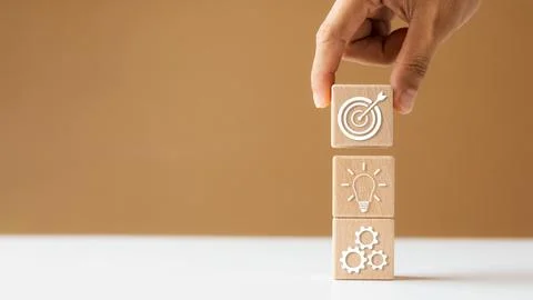 Hand woods block cube with icon company strategy development, Concept succe.. Stock Photos