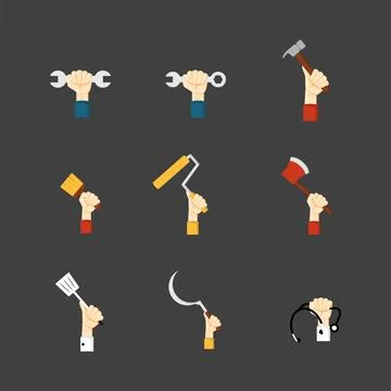 Hand with work tools icon flat style. collection of isolated cartoon illust.. Stock Illustration