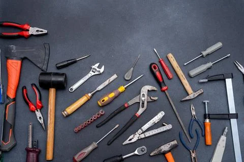 Hand work Tools instrument set top view Background Stock Photos