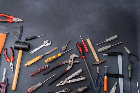 Hand work Tools set top view Background Stock Photos