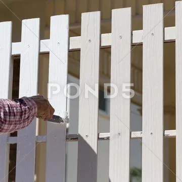 Hand worker holding brush painting white on wood fence Stock Photos
