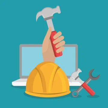 Hand worker under construction with laptop Illustrazione stock