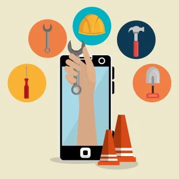 Hand worker under construction with smartphone Illustrazione stock