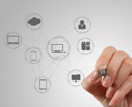 Hand working with a cloud computing diagram on the new computer interface Stock Illustration