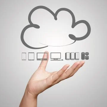 Hand working with a cloud computing diagram on the new computer interface Stock Illustration