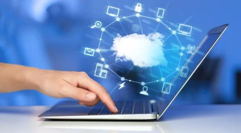 Hand working with a Cloud Computing diagram, new technology concept Stock Photos