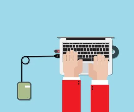 Hand working on laptop with data storage device flat design Illustrazione stock