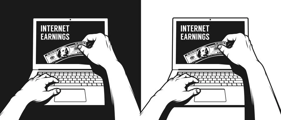 A hand working on a laptop takes out a hundred dollar bill from the monitor Stock Illustration