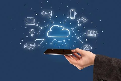 Hand working on phone with cloud technology system concept Stock Photos