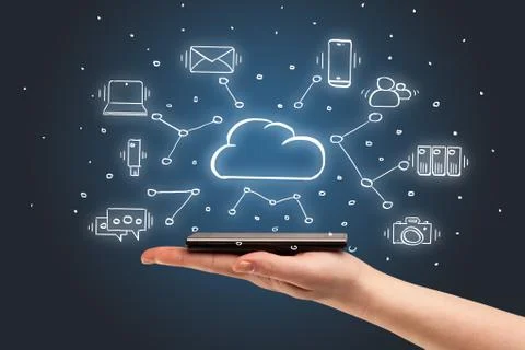 Hand working on phone with cloud technology system concept Stock Photos