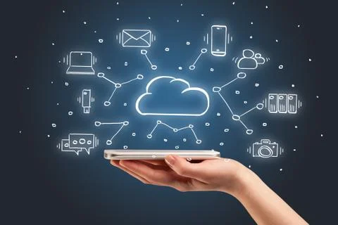 Hand working on phone with cloud technology system concept Stock Photos