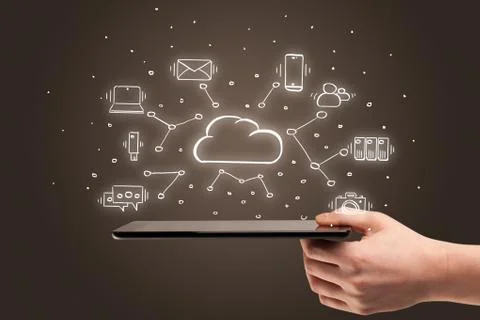 Hand working on phone with cloud technology system concept Stock Photos