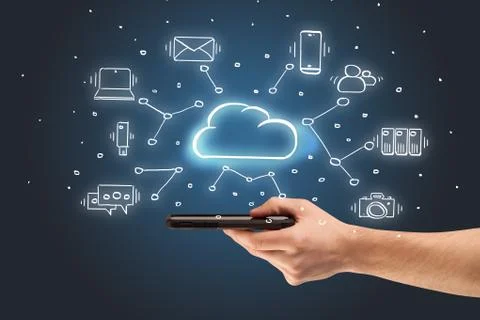 Hand working on phone with cloud technology system concept Stock Photos