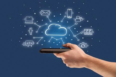 Hand working on phone with cloud technology system concept Stock Photos