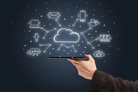 Hand working on phone with cloud technology system concept Stock Photos