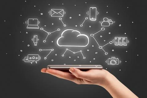 Hand working on phone with cloud technology system concept Stock Photos