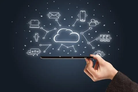 Hand working on phone with cloud technology system concept Stock Photos