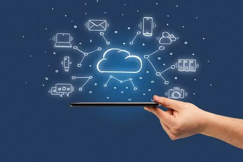 Hand working on phone with cloud technology system concept Stock Photos