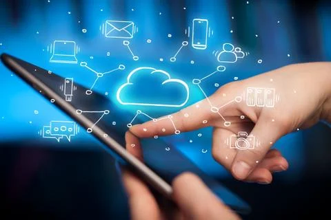 Hand working on tablet with cloud technology system concept Stock Photos