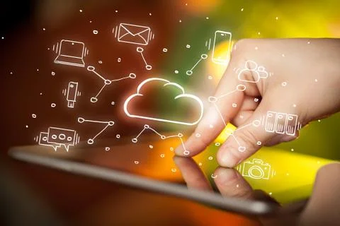 Hand working on tablet with cloud technology system concept Stock Photos
