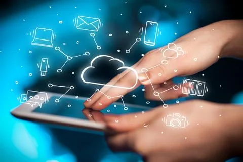 Hand working on tablet with cloud technology system concept Stock Photos