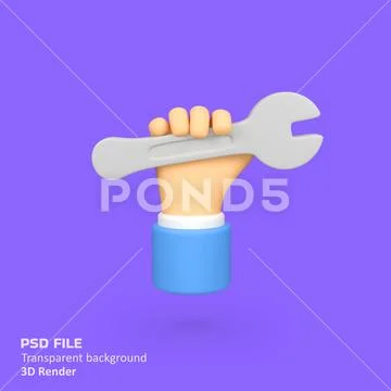Hand with wrench tool isolated 3d render icon illustration Modello PSD
