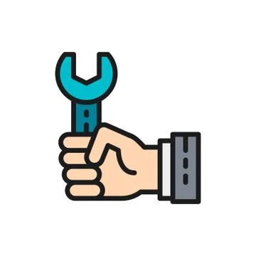 Hand with wrench, working process flat color icon. Stock Illustration