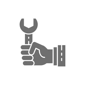 Hand with wrench, working process grey icon. Stock Illustration