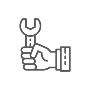 Hand with wrench, working process line icon. 스톡 일러스트