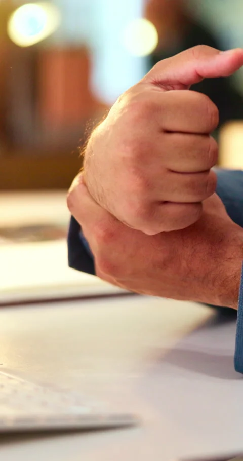 Hand, wrist pain and computer with business man in office for fibromyalgia, Stock Footage 338269591