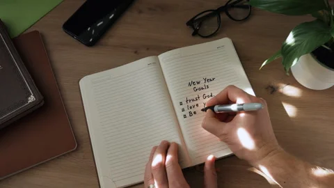 A hand writes goals for the next year with a black felt-tip pen. Stock Footage 259822005