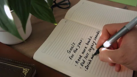 A hand writes goals for the next year with a black felt-tip pen. Stock Footage 259823250