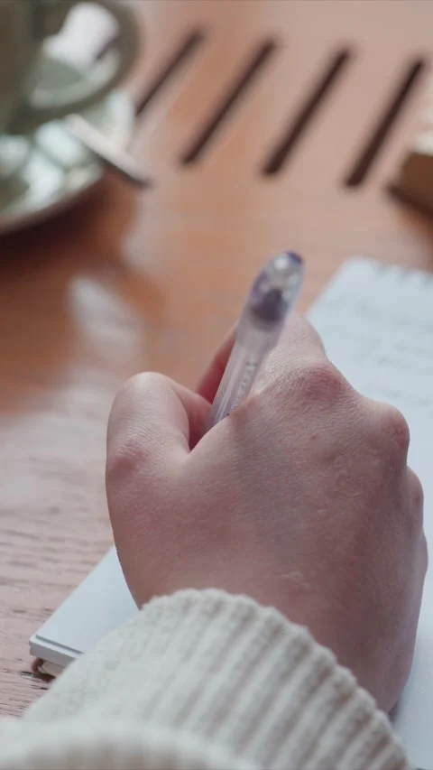 Hand writes notes in notebook at cozy cafe with soft lighting and coffee cup Stock Footage 348174438