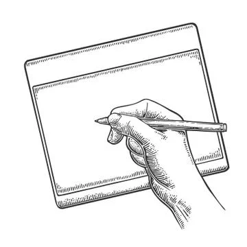 Hand writes on the tablet stylus. Vector black vintage engraving Stock Illustration