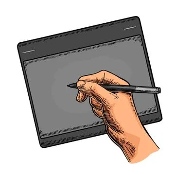 Hand writes on the tablet stylus. Vector black vintage engraving Stock Illustration