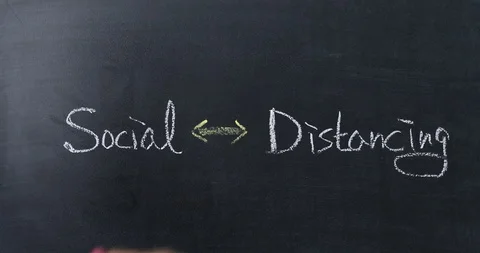 Hand writing 2m on Double-headed arrow between social and distancing on blackboa Stock Footage 127208236