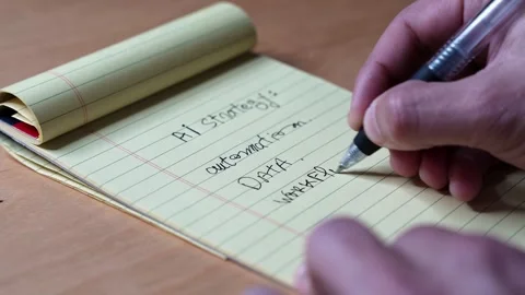 Hand writing AI strategy list on yellow notepad Stock Footage 336643804