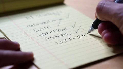 Hand writing AI strategy plan 2026 to 2030 Stock Footage 336643805