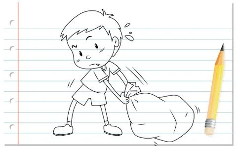 Hand writing of boy pulling bag outline Stock Illustration