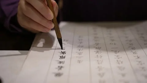 Hand writing buddhist scriptures ?The Heart Sutra?on the paper with Chinese b Stock Footage 310998052