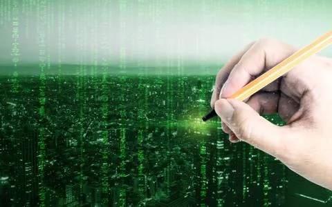 Hand writing on to computer program code business city. 写真素材