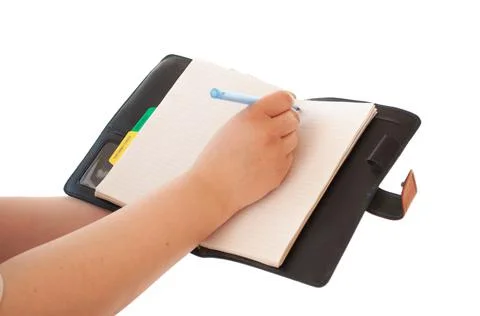 Hand writing on empty notepad isolated on white Stock Photos