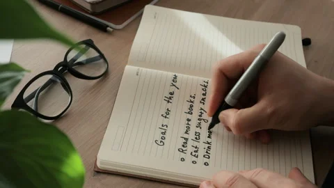 Hand writing goals for the next year with a black felt-tip pen. Stock Footage 259824382