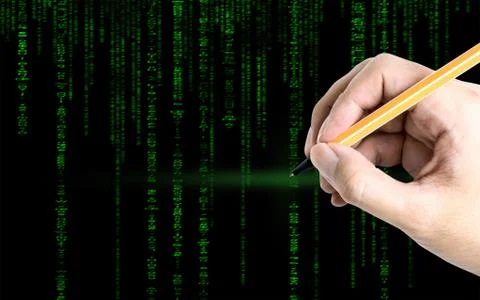 Hand writing on to a green computer coding text for hacker concept Stock Photos
