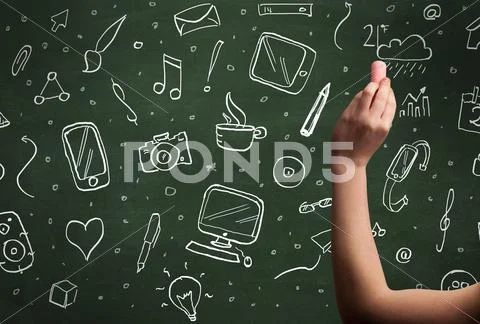Hand writing icons on blackboard Stock Photos